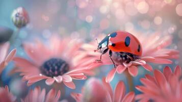 A ladybug is perched on a pink flower, surrounded by more of the same type of flower, photo