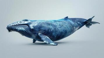 a stylized, three-dimensional rendering of a blue whale against a gradient gray background. photo