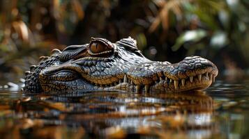 A crocodile's head and part of its body partially submerged in a body of water. photo
