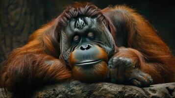 A peaceful orangutan resting with its hand on a stone, in the foreground of a natural environment. photo
