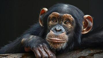 Chimpanzee resting on limb with a thoughtful and relaxed expression. photo