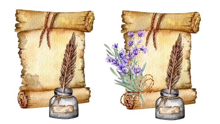 Antique paper with quill pen watercolor illustration. Old Parchment hand drawn illustration. Old letter. Vintage paper watercolor. Parchment scroll isolated on white.
