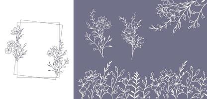 Trendy floral frames with wildflowers and leaves line art. Botanical Line Art Collection of wildflowers. Hand drawn line art graphics. Perfect for Elegant wedding invitations, trendy minimalist cards vector