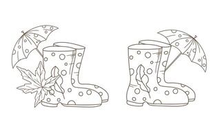 Fall Rain Boots with Umbrella and Leaves. Fall arrangements isolated on white. Boots line art ilustration. Fall Hand Drawn Outline. Fall Coloring Page. Traditional Thanksgiving Graphics vector