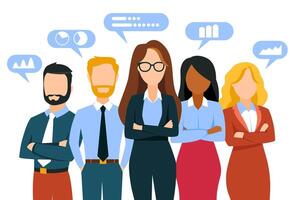 Banner with Professional Business Team and Speech Bubbles Displaying Infographic in a Flat Design vector