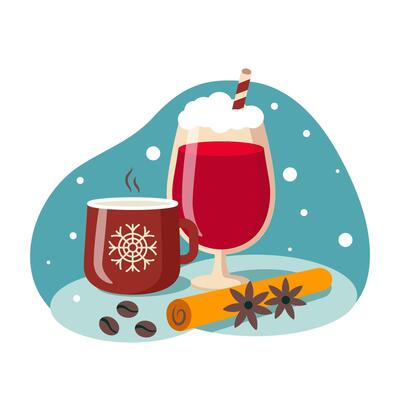 Hot Chocolate and Mulled Wine, Cozy Winter Drinks in Flat Design