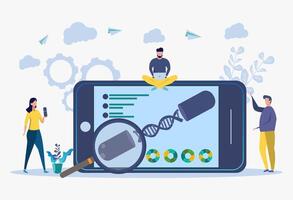 Scientists studying DNA and graphics with a magnifier on a laptop. Biotechnology, bioengineering concepts. Header Template vector