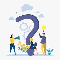 Colorful question illustration, concept illustration of people often asked questions around question marks. Rating for work in the form of stars. metaphor vector
