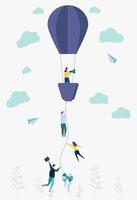 New idea, imagination, innovation metaphor with light bulb. Characters of business people working together on a new project. Colorful Illustration vector