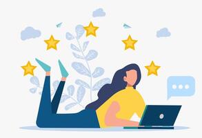 Colorful illustration. Best performance rating, rating five. People leave feedback and comments, the highest rating for successful work. vector
