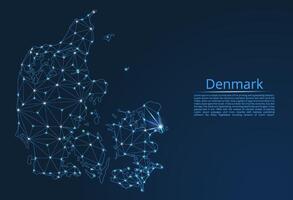 Map of Denmark connection. low-poly image of a global map with lights in the form of cities or population density, consisting of points and shapes in the form of stars and space. vector