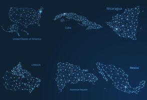 Map of communication networks of 6 countries in North America. A image of a poly global map with lights in the form of cities or a population density consisting of points and shapes in the form vector