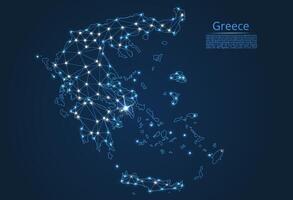 Map of Greece connection. low-poly image of a global map with lights in the form of cities or population density, consisting of points and shapes in the form of stars and space. vector