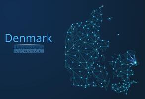 Map of Denmark connection. low-poly image of a global map with lights in the form of cities or population density, consisting of points and shapes in the form of stars and space. vector