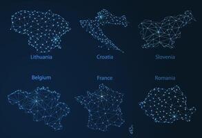 Map of communication networks of 6 countries of Europa. poly image of a global map with lights in the form of cities or population density, consisting of points and shapes in the form of stars. vector