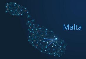 Map of Malta connection. low-poly image of a global map with lights in the form of cities or population density, consisting of points and shapes in the form of stars and space. vector