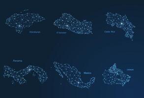 Map of communication networks of 6 countries in North America. A image of a poly global map with lights in the form of cities or a population density consisting of points and shapes in the form vector