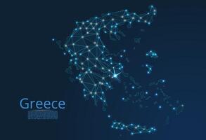 Map of Greece connection. low-poly image of a global map with lights in the form of cities or population density, consisting of points and shapes in the form of stars and space. vector