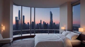 A comfortable bedroom with a night view of city buildings outside the window photo
