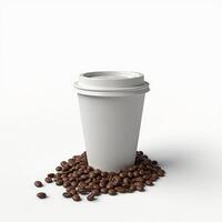empty white paper cup with coffee beans around it. isolated on white background. photo
