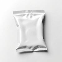 Blank white sachet package isolated on white. Small packaging sachet mockup. photo