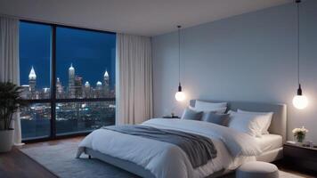 A comfortable bedroom with a night view of city buildings outside the window photo