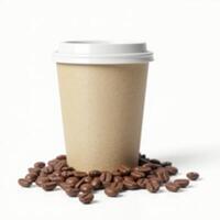 empty white paper cup with coffee beans around it. isolated on white background. photo