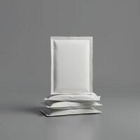 empty white plastic sachet packaging isolated on white background photo