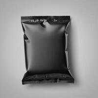 Blank black sachet package isolated on white. Small packaging sachet mockup. photo