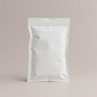 empty white plastic sachet packaging isolated on white background photo