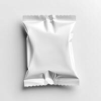 Blank white sachet package isolated on white. Small packaging sachet mockup. photo