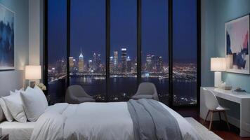 comfortable bedroom with views of city buildings outside the window photo