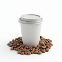 empty white paper cup with coffee beans around it. isolated on white background. photo