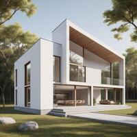 3d illustration of a comfortable luxury house with swimming pool and parking for sale or rent in modern style. photo
