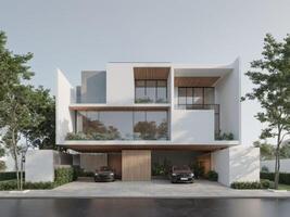 Modern minimalist white apartment building with spacious balconies and large glass windows, surrounded by lush greenery photo