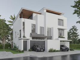 Contemporary three-story residential complex with sleek architectural design and a stylish car parked in front photo
