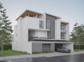 Contemporary three-story residential complex with sleek architectural design and a stylish car parked in front photo