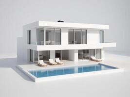 Modern minimalist white apartment building with spacious balconies and large glass windows, isolated on white background. photo