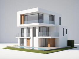 High-end residential building showcasing modern minimalist design isolated on white background. photo