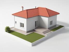 Newly built residential home featuring a classic red roof and clean white exterior walls, isolated on white background. photo