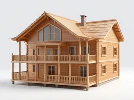 3D illustration of a two-story wooden house isolated on a white background. photo