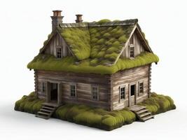 old abandoned rustic wooden house full of moss isolated on white background. photo