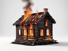 old abandoned rustic wooden house on fire isolated on white background. photo