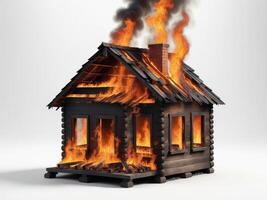 old abandoned rustic wooden house on fire isolated on white background. photo