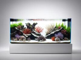 A captivating nature aquarium illustration featuring underwater plants, driftwood, and rocks, showcasing a harmonious and serene aquascape design photo