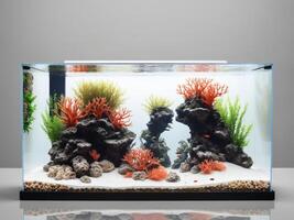 A captivating nature aquarium illustration featuring underwater plants, driftwood, and rocks, showcasing a harmonious and serene aquascape design photo