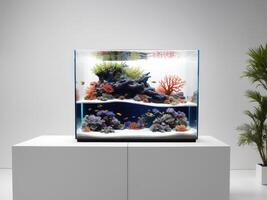 A captivating nature aquarium illustration featuring underwater plants, driftwood, and rocks, showcasing a harmonious and serene aquascape design photo