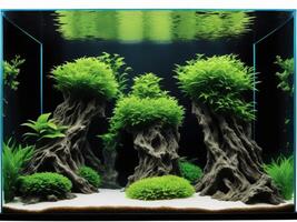 An enchanting aquarium illustration with aquatic plants, driftwood, and rocks, capturing a peaceful aquascape design photo