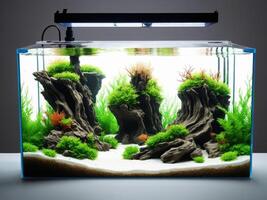 An enchanting aquarium illustration with aquatic plants, driftwood, and rocks, capturing a peaceful aquascape design photo