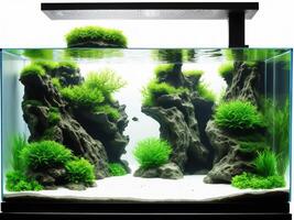 An enchanting aquarium illustration with aquatic plants, driftwood, and rocks, capturing a peaceful aquascape design photo